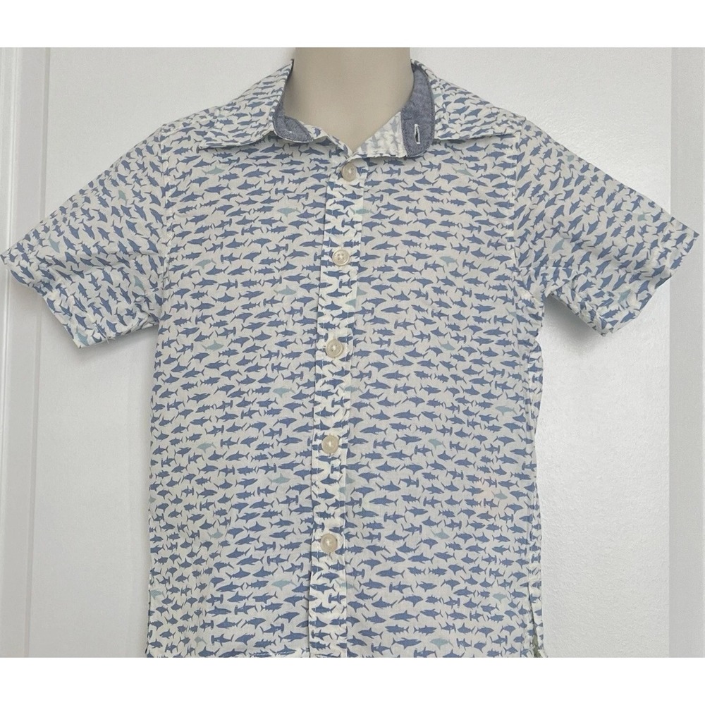 OshKosh Bgosh Boys 2T Shark Print Short Sleeve Button Down Shirt White‎ Blue New